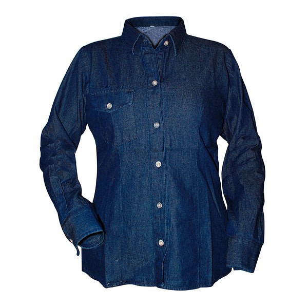 Mujer Camisa jean rigida larga frente bolsillos cuello mao